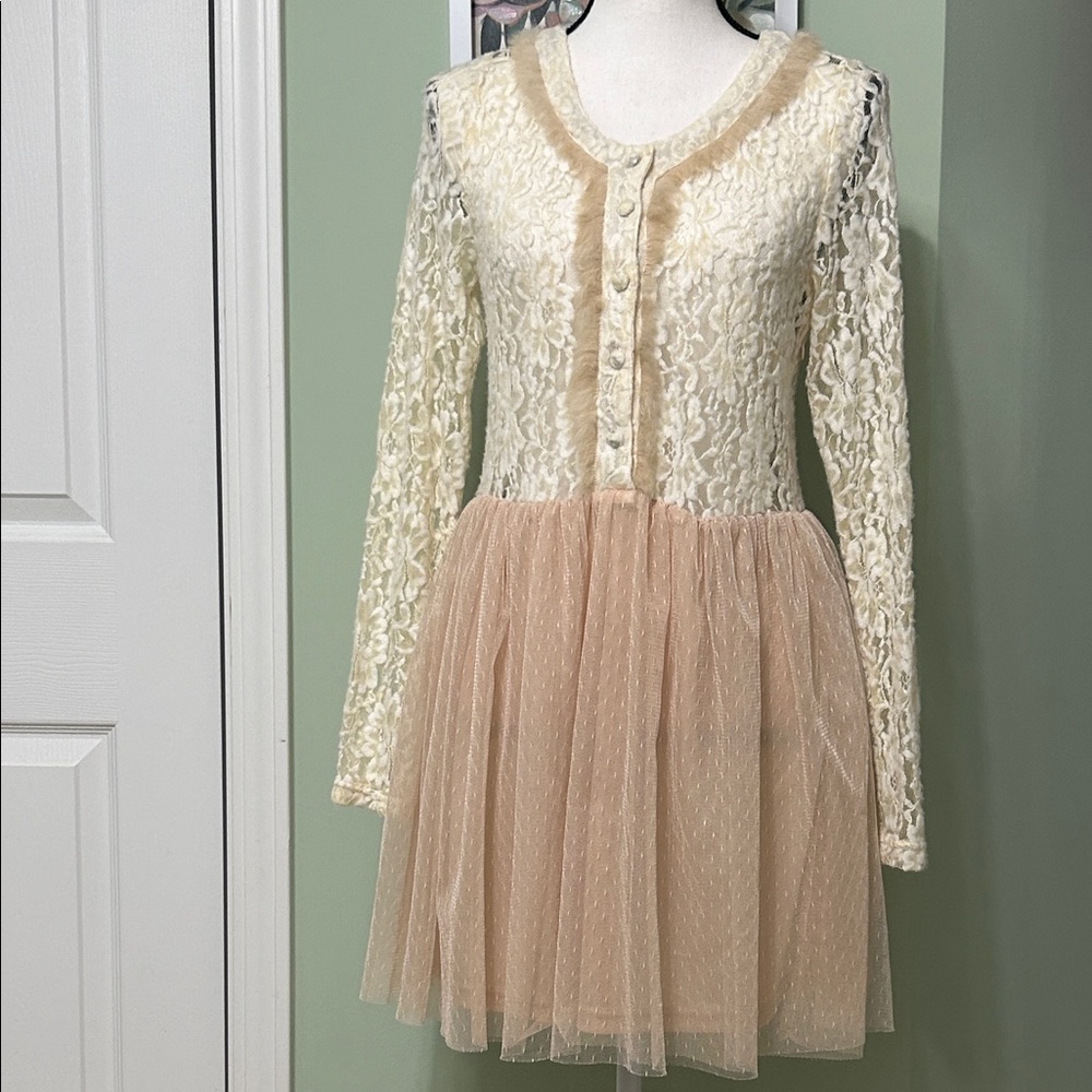 Areve Cream and Tan Lace Formal Kids Dress